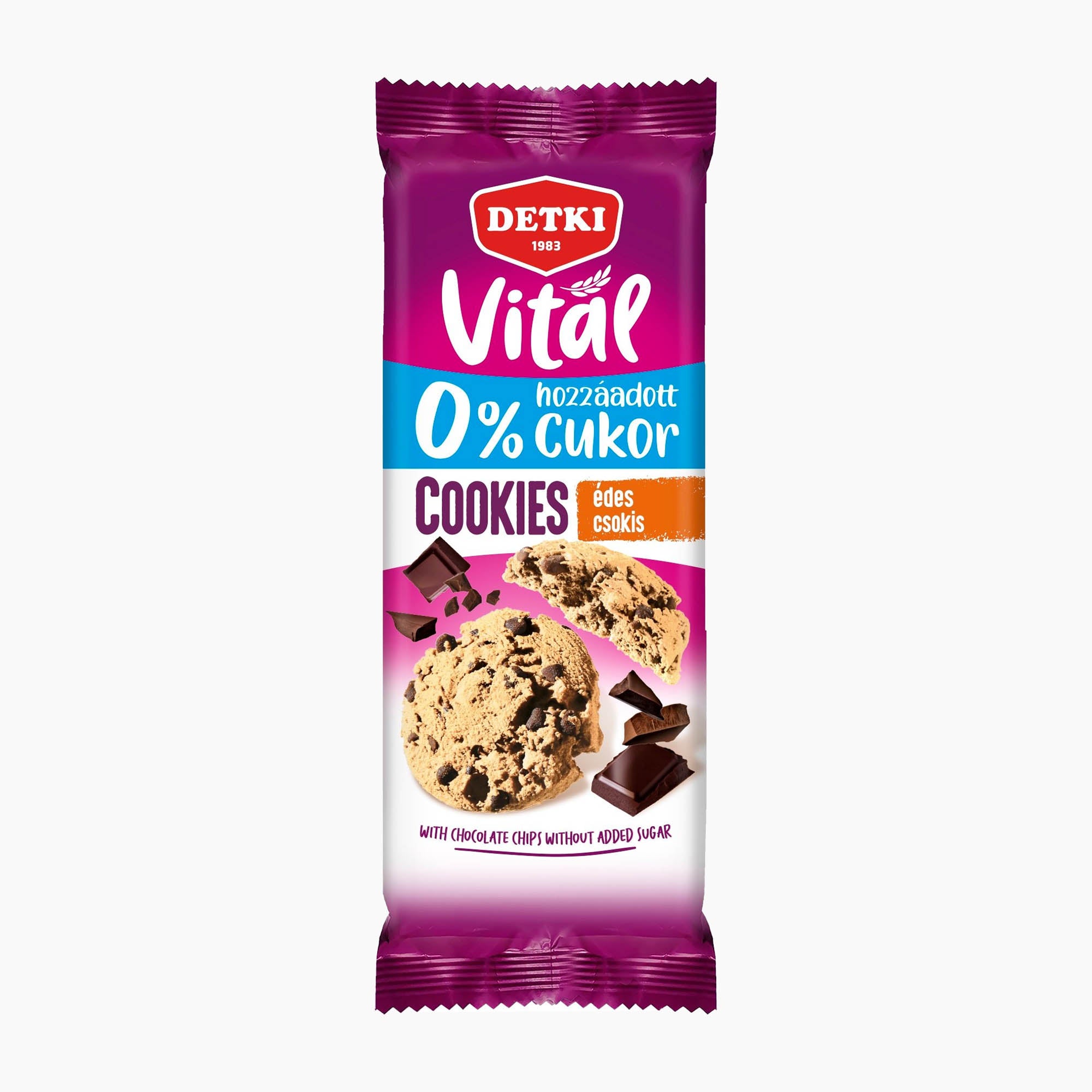 A package of Detki Vital 0% added sugar chocolate chip cookies, shown in its original purple and white wrapper with a photo of the cookies inside.