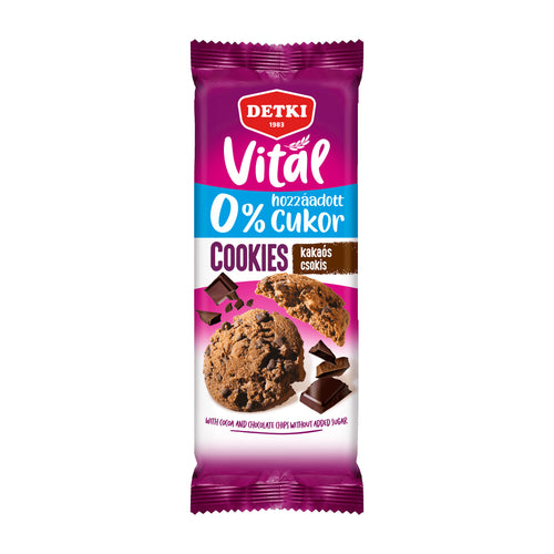 Detki Vital cocoa and chocolate chip cookies package with purple and white design on a white background