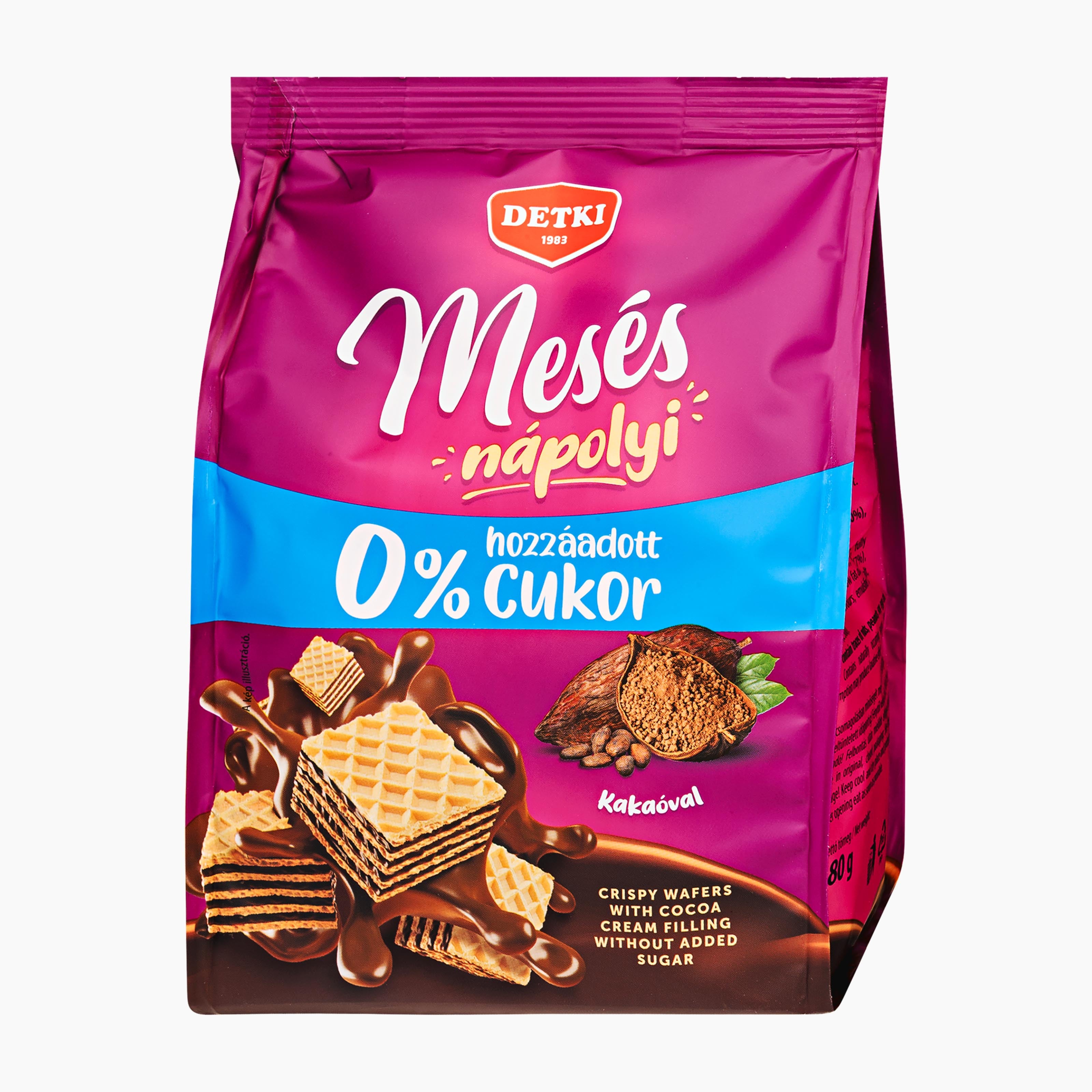 A bag of Detki No Added Sugar Crispy Wafers with Cocoa Cream Filling, featuring a vibrant magenta and blue packaging design with illustrations of chocolate and cocoa wafers.