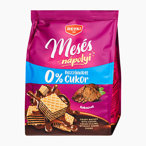 A bag of Detki No Added Sugar Crispy Wafers with Cocoa Cream Filling, featuring a vibrant magenta and blue packaging design with illustrations of chocolate and cocoa wafers.
