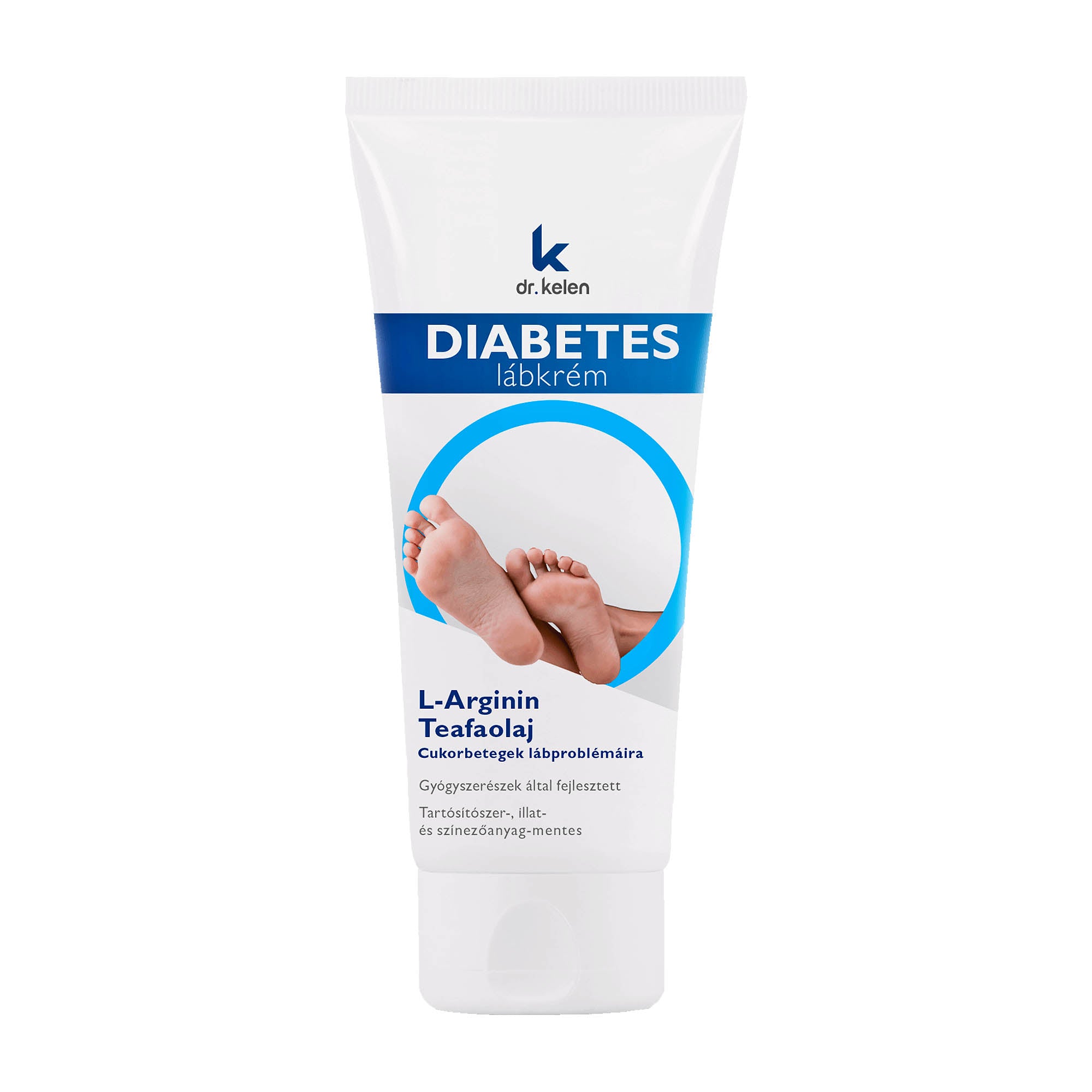 A tube of Dr Kelen Diabetes foot cream with a blue and white label, featuring text and the brand's logo.