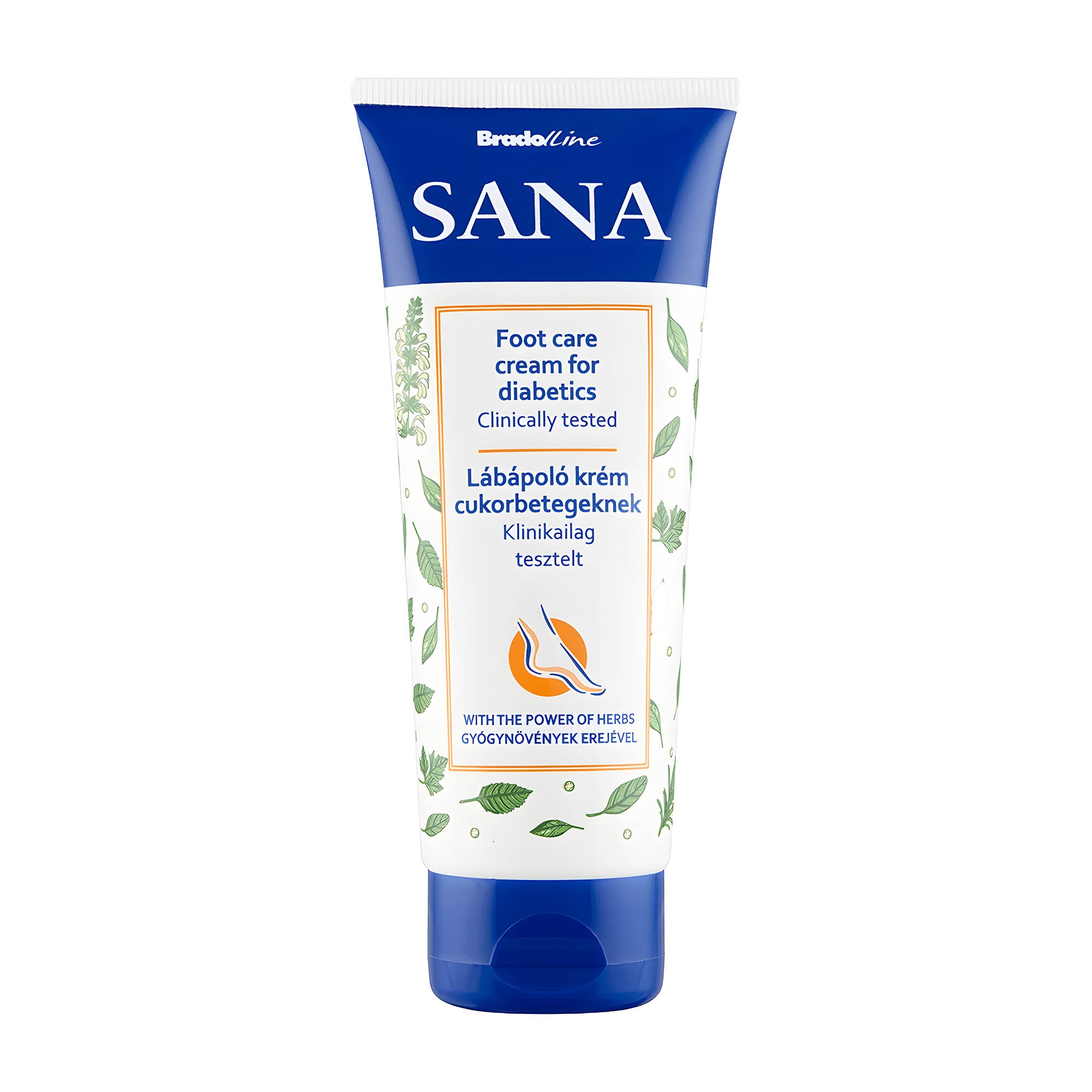 A tube of Sana foot care cream for diabetics, with branding and product information on the label.