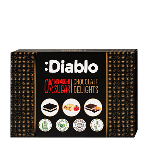 Box of Diablo no added sugar chocolate delights on a white background