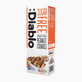 A tall white and orange box of Diablo Sugar Free Chocolate Striped Peanut Cookies, shown on a plain light gray background.