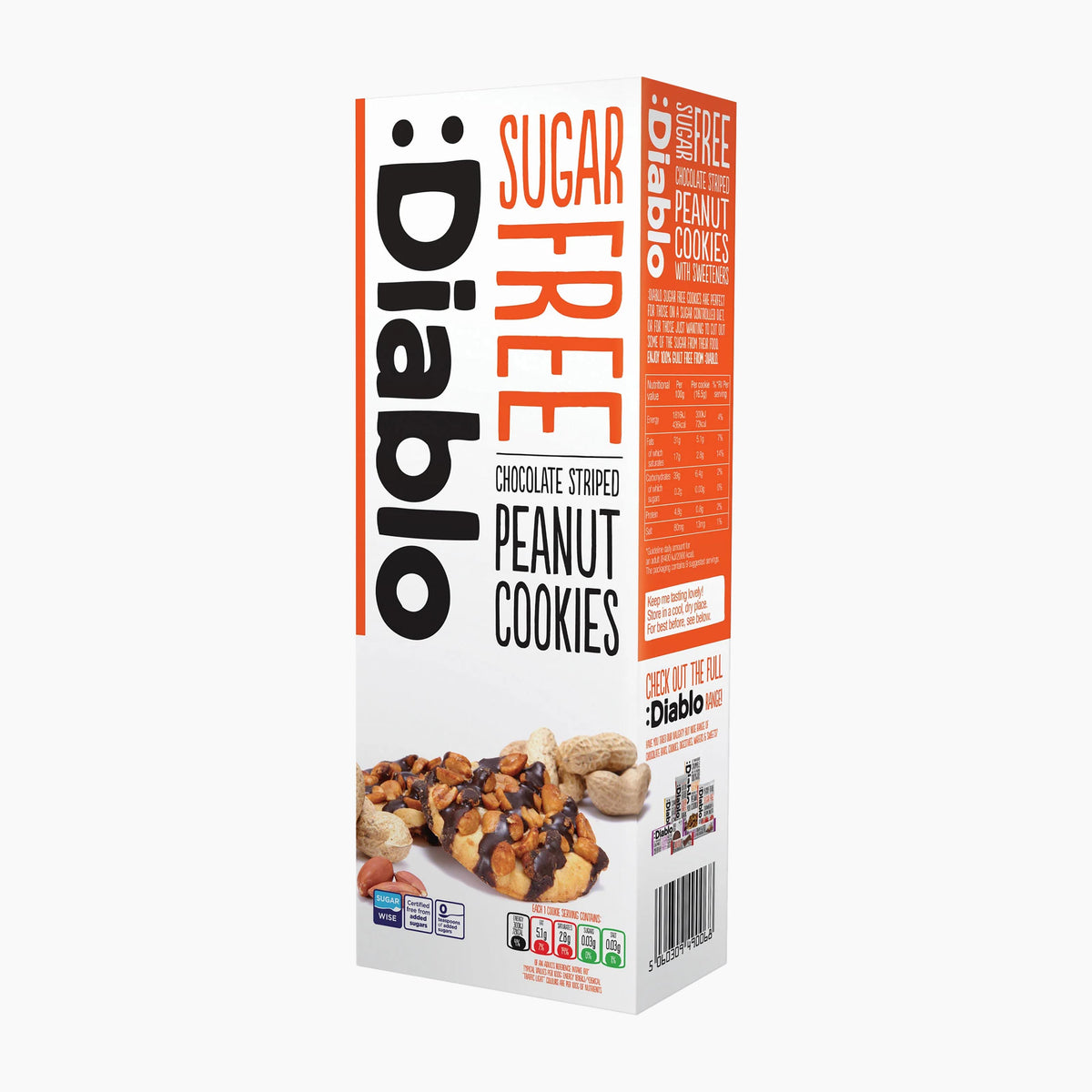 A tall white and orange box of Diablo Sugar Free Chocolate Striped Peanut Cookies, shown on a plain light gray background.