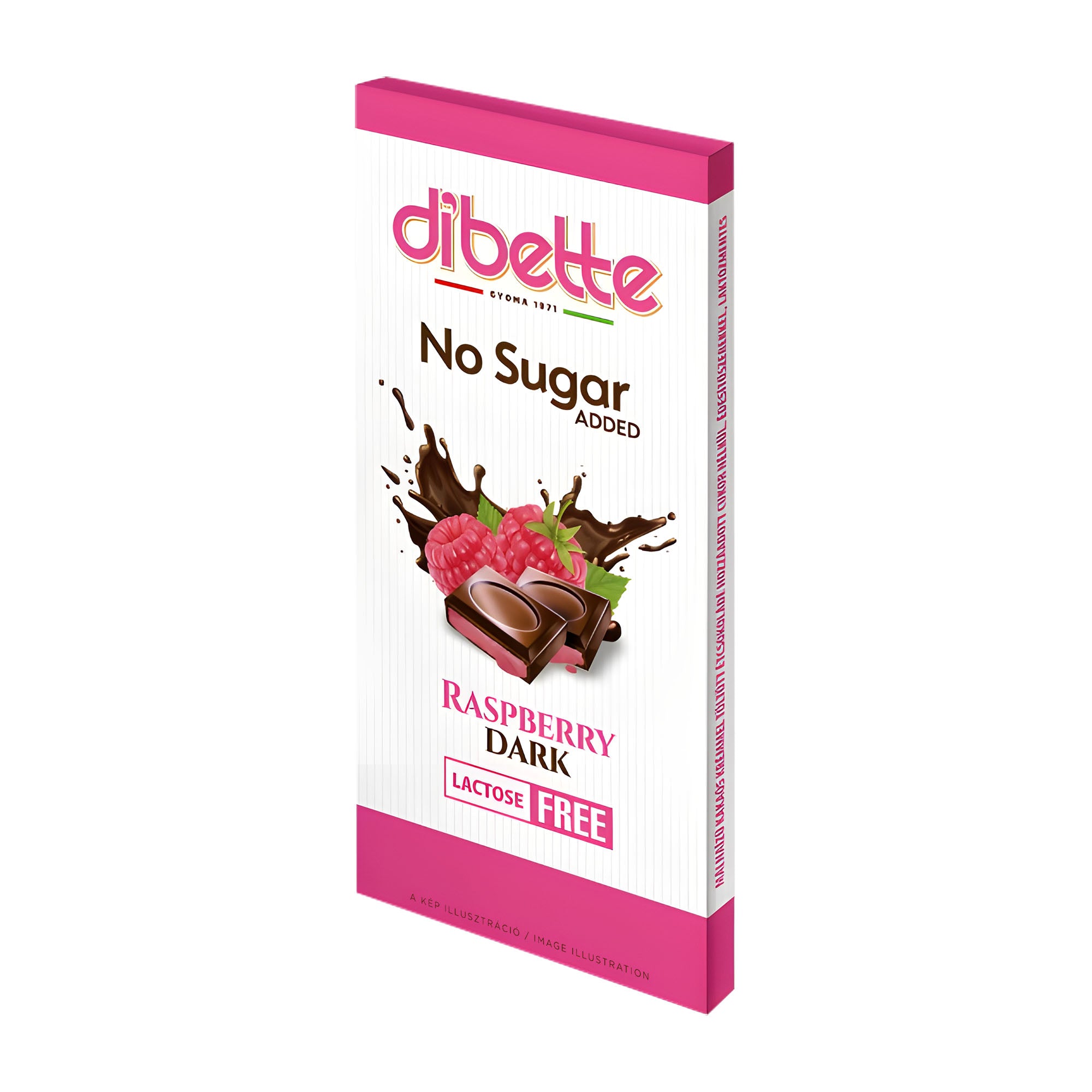 Dibette raspberry dark chocolate bar packaging on a white background