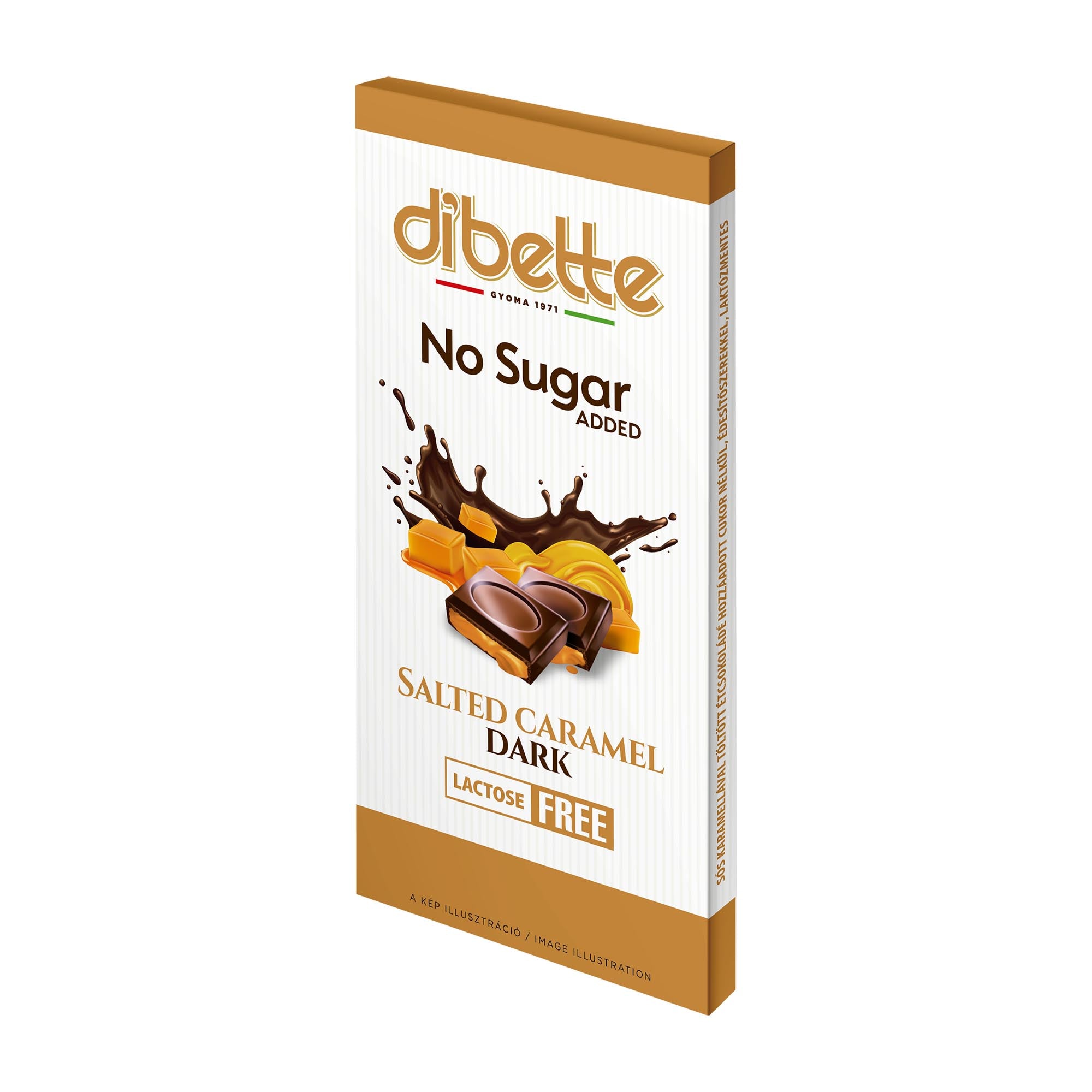 Dibette salted caramel dark chocolate bar packaging on a white background