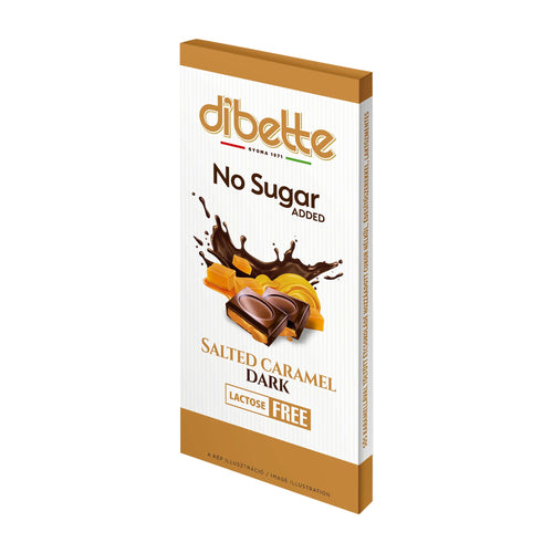 Dibette salted caramel dark chocolate bar packaging on a white background