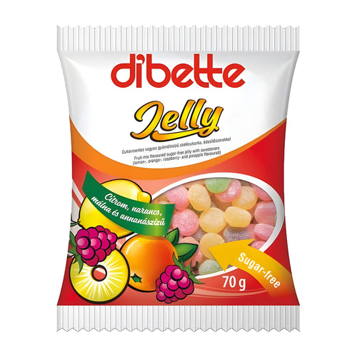 Packaging of diibette Jelly with fruit illustrations on a white background