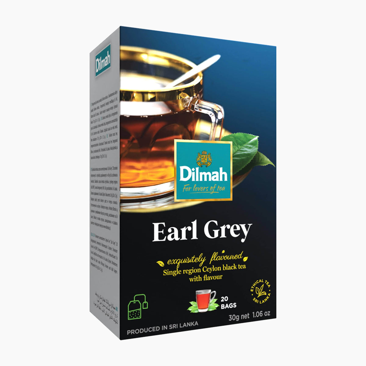 A box of Dilmah Earl Grey single-origin black tea, featuring a dark blue and black design with an illustration of a glass cup of tea and green leaves, and text indicating 20 bags.