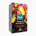 A box of Dilmah Mango & Strawberry single region Ceylon black tea, featuring a vibrant design with illustrations of mangoes, strawberries, and green leaves on a red and dark brown background.