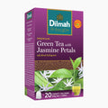 A box of Dilmah Premium Green Tea with Jasmine Petals, featuring a purple and green design with illustrations of tea leaves, white jasmine flowers, and a glass of tea.
