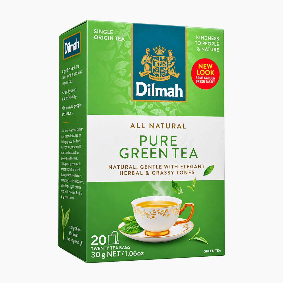 A box of Dilmah Pure Green Tea single-origin tea, featuring a green and white packaging design with a blue brand logo panel and an illustration of a teacup.