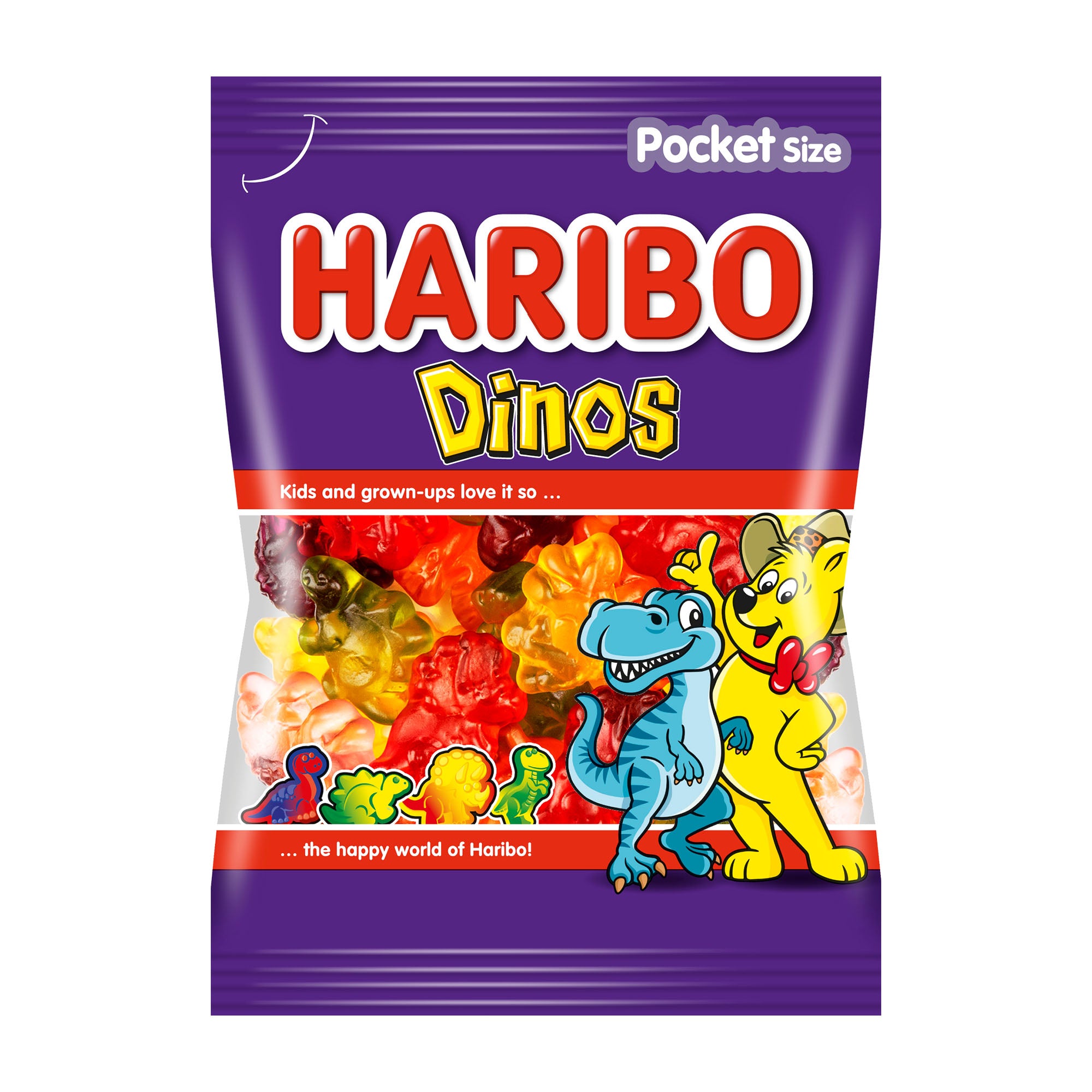 Haribo Dinos gummy candy package with cartoon characters on a white background