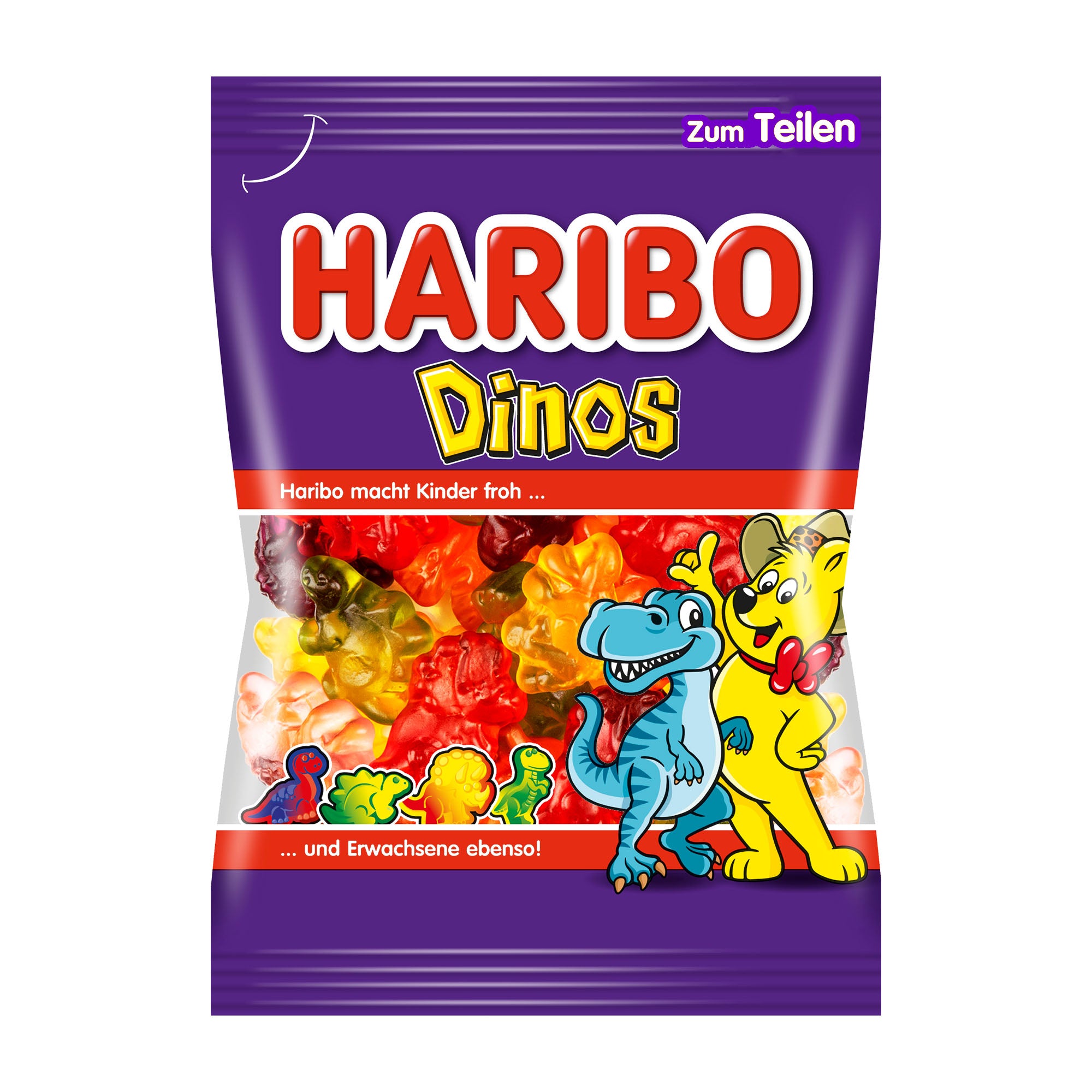 Haribo Dinos Gummy Candy packaging on a white background