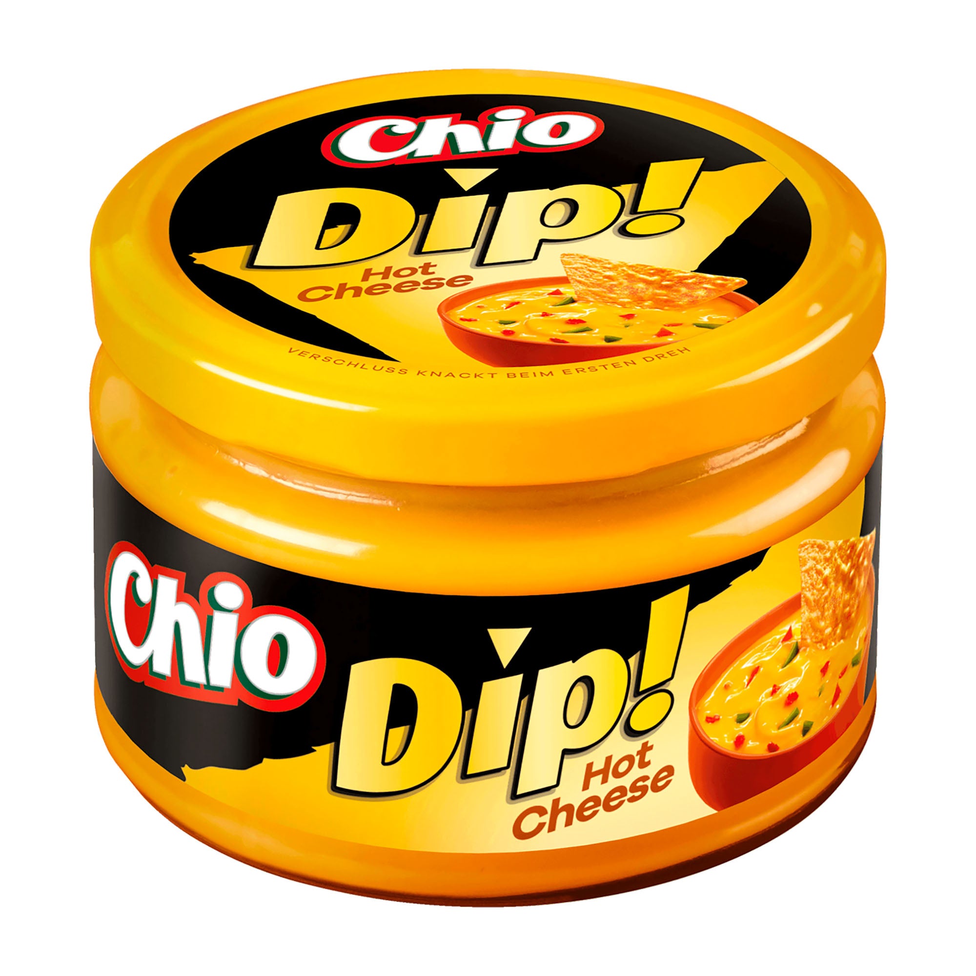 Jar of Chio Dip Hot Cheese on a white background