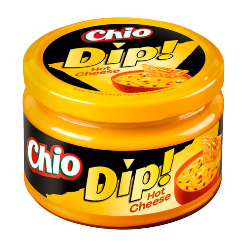 Jar of Chio Dip Hot Cheese on a white background