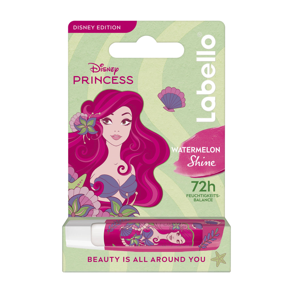 Labello Disney Princess Watermelon Shine lip balm packaging with a mermaid design on a white background