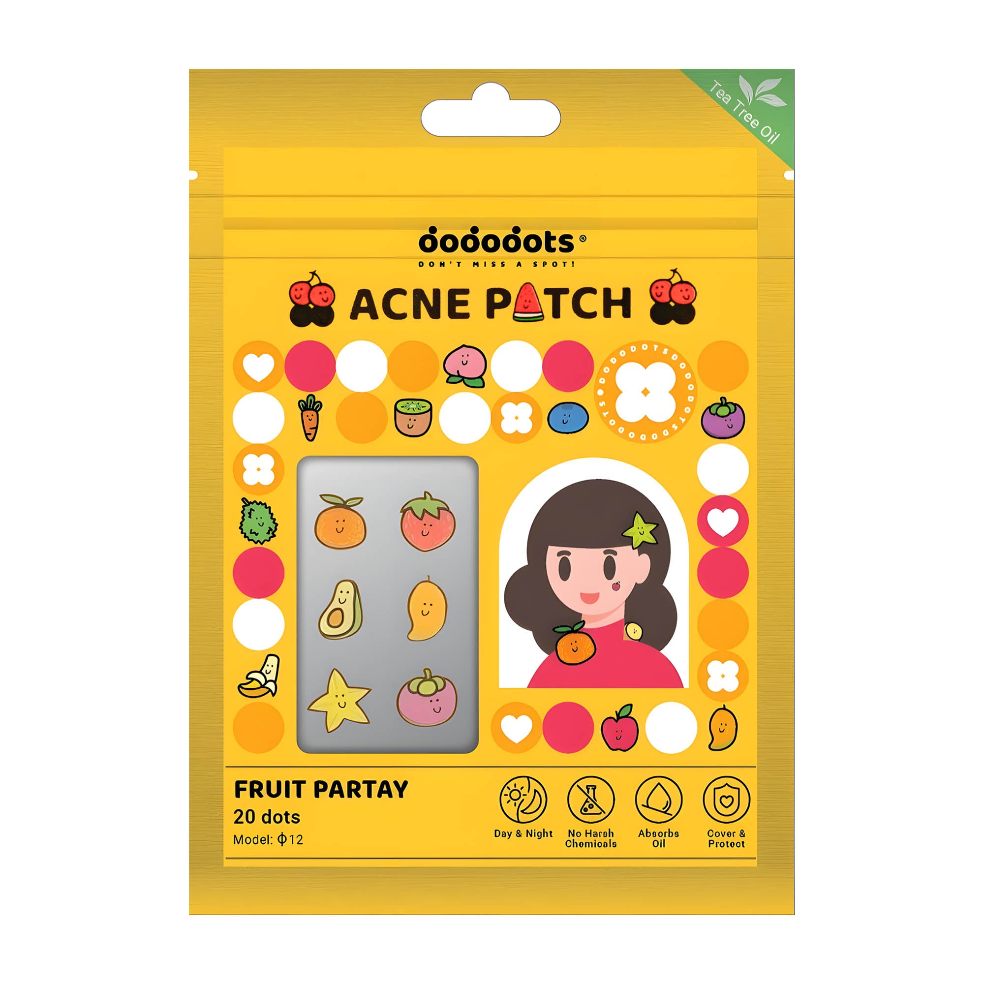 Packaging of dododots Fruit Partay acne patches with cartoon characters and fruit designs on a yellow background.