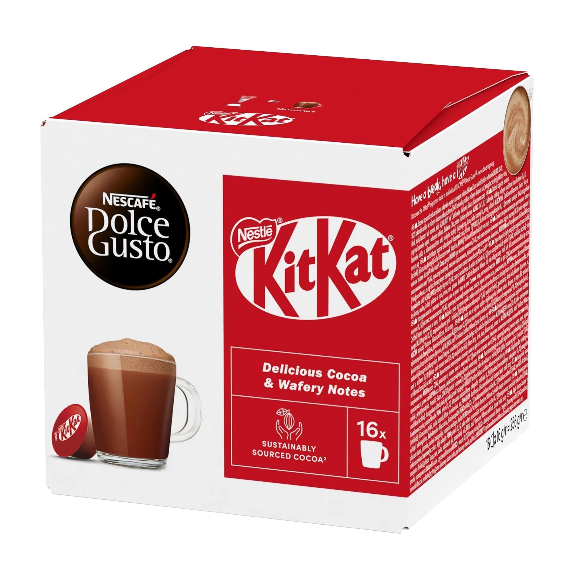Nescafe Dolce Gusto KitKat hot chocolate capsules box on a white background
