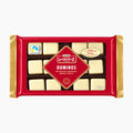 A 150g package of Lambertz White Chocolate Dominos in a red wrapper with gold foil edges, shown on a clean white background.