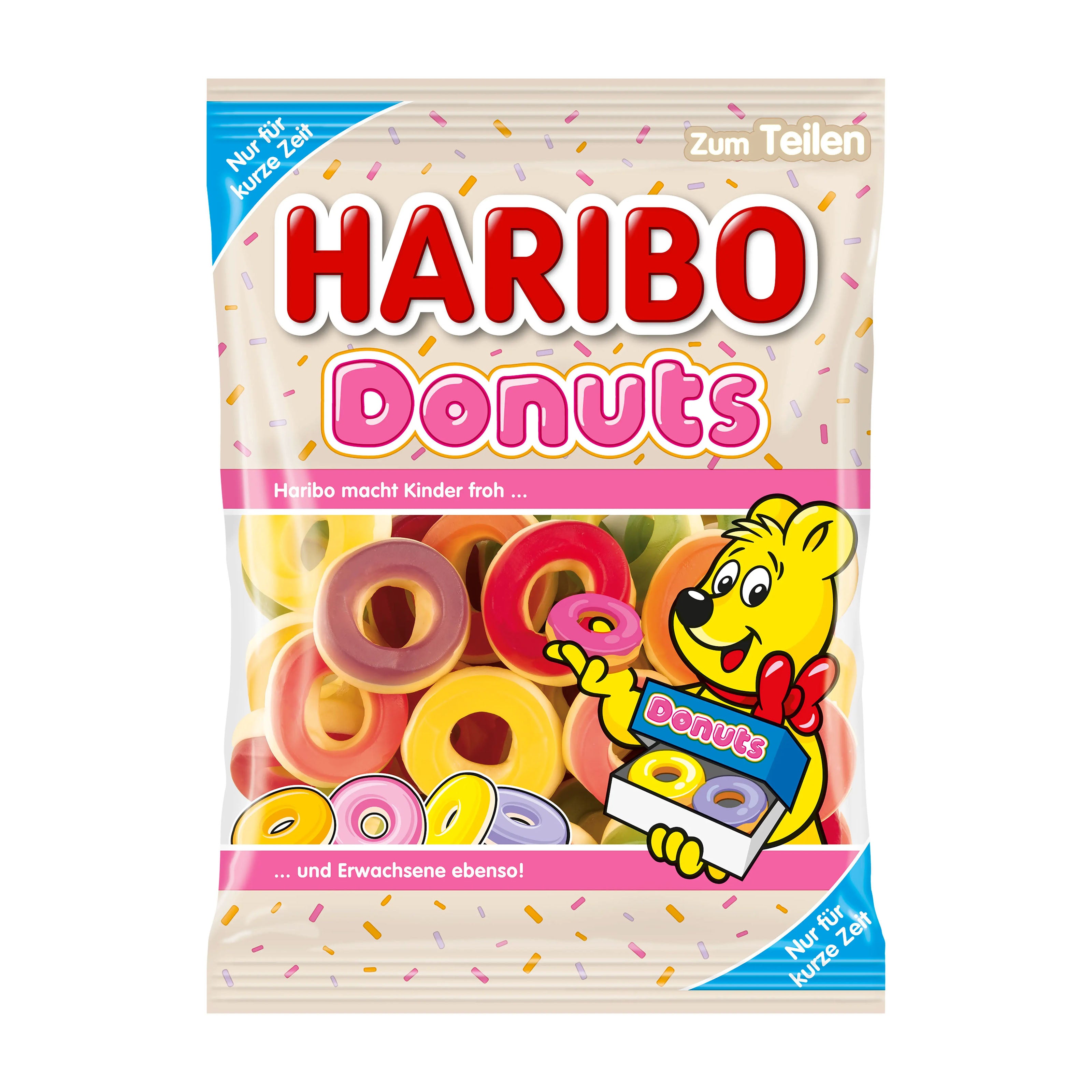 Haribo Donuts gummy candy package with a cartoon bear character on a white background