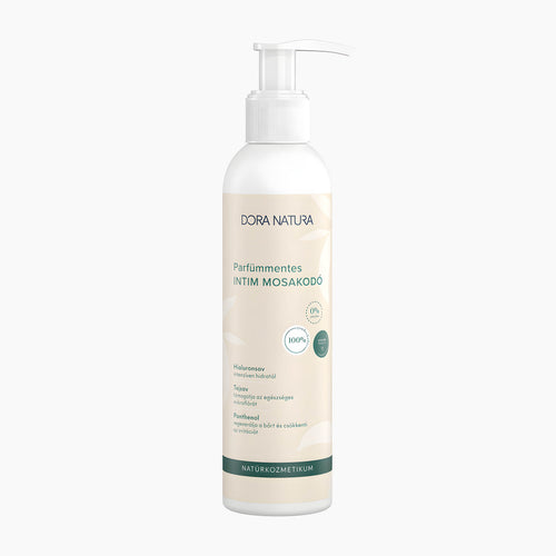 Dora Natura Fragrance-Free Intimate Wash pump bottle on a light gray background.