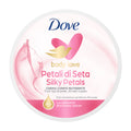 Dove Silky Petals body cream container with pink design and text on a white background