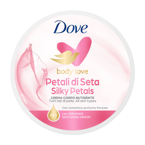 Dove Silky Petals body cream container with pink design and text on a white background