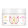 A white jar of Bridgerton by Dove Raspberry Rendezvous body scrub, featuring a white lid and a decorative label with gold, pink, and green floral details.