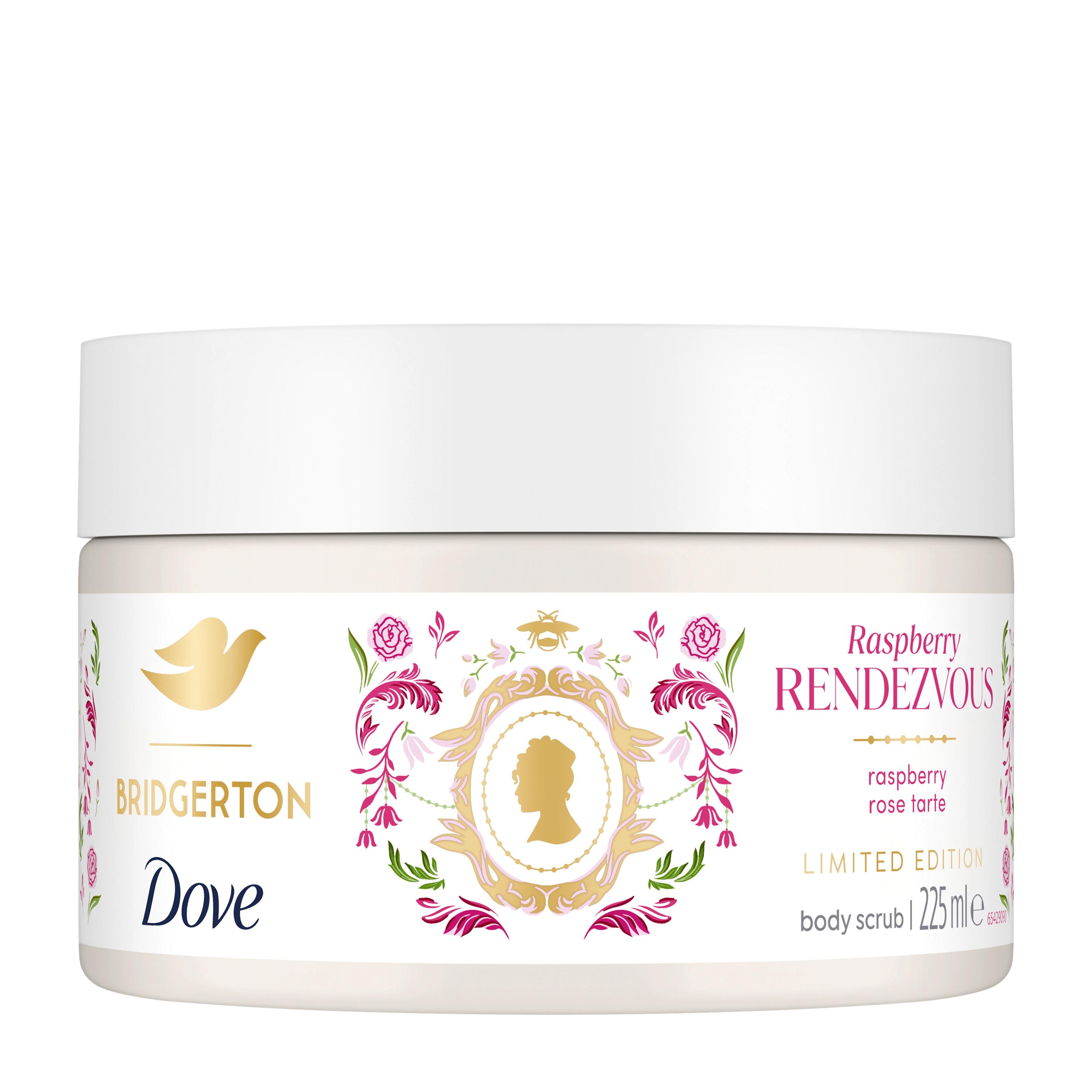 A white jar of Bridgerton by Dove Raspberry Rendezvous body scrub, featuring a white lid and a decorative label with gold, pink, and green floral details.