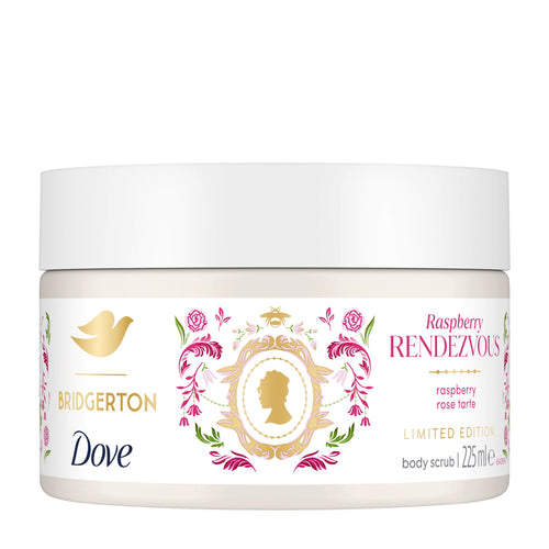 A white jar of Bridgerton by Dove Raspberry Rendezvous body scrub, featuring a white lid and a decorative label with gold, pink, and green floral details.