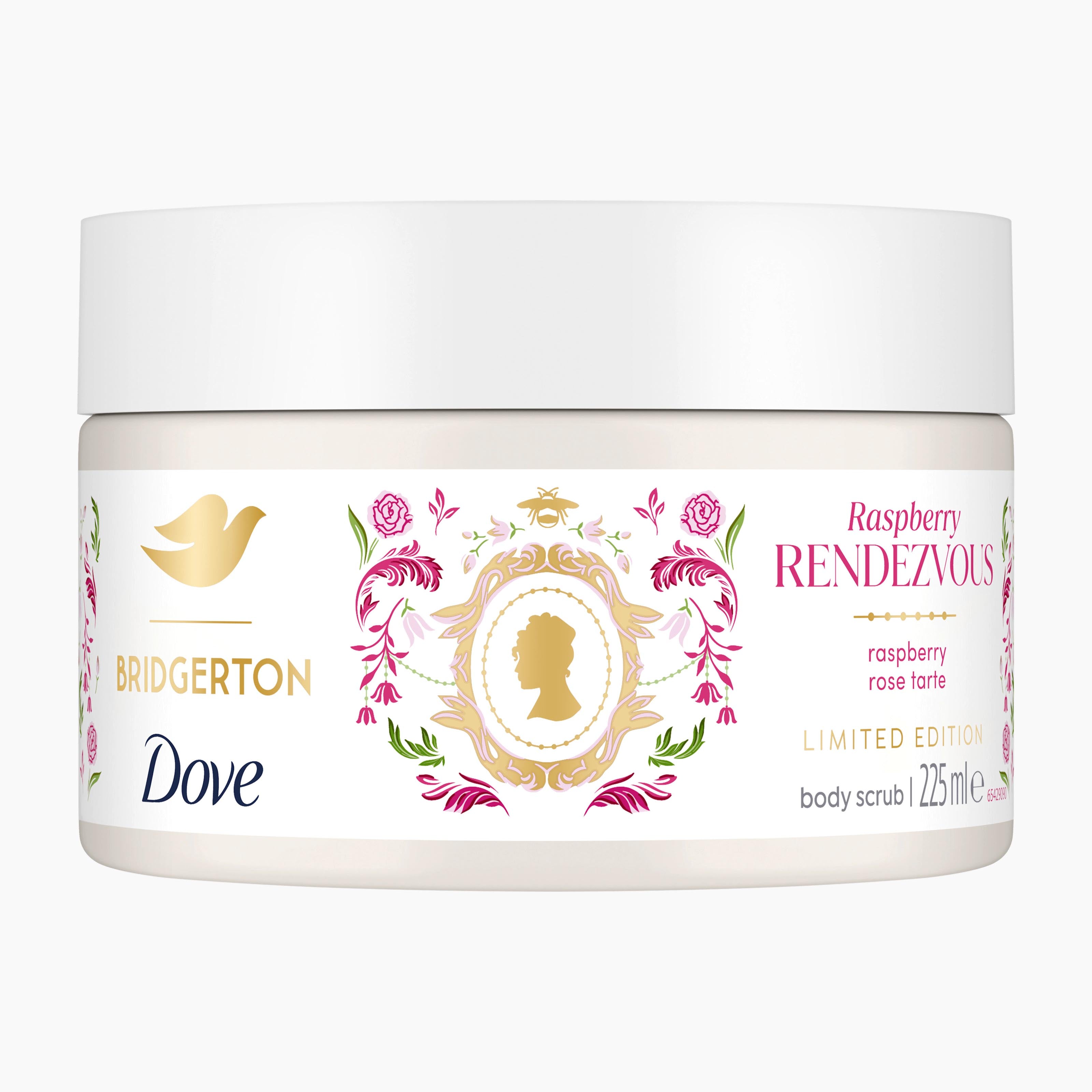 A white jar of Dove Bridgerton Raspberry Rendezvous body scrub, featuring a decorative label with gold, pink, and green accents, on a light gray background.