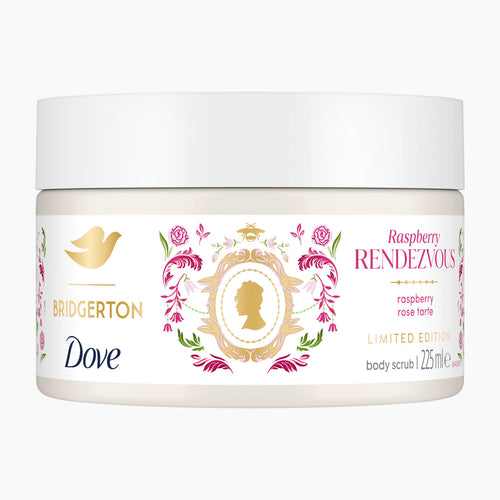 A white jar of Dove Bridgerton Raspberry Rendezvous body scrub, featuring a decorative label with gold, pink, and green accents, on a light gray background.
