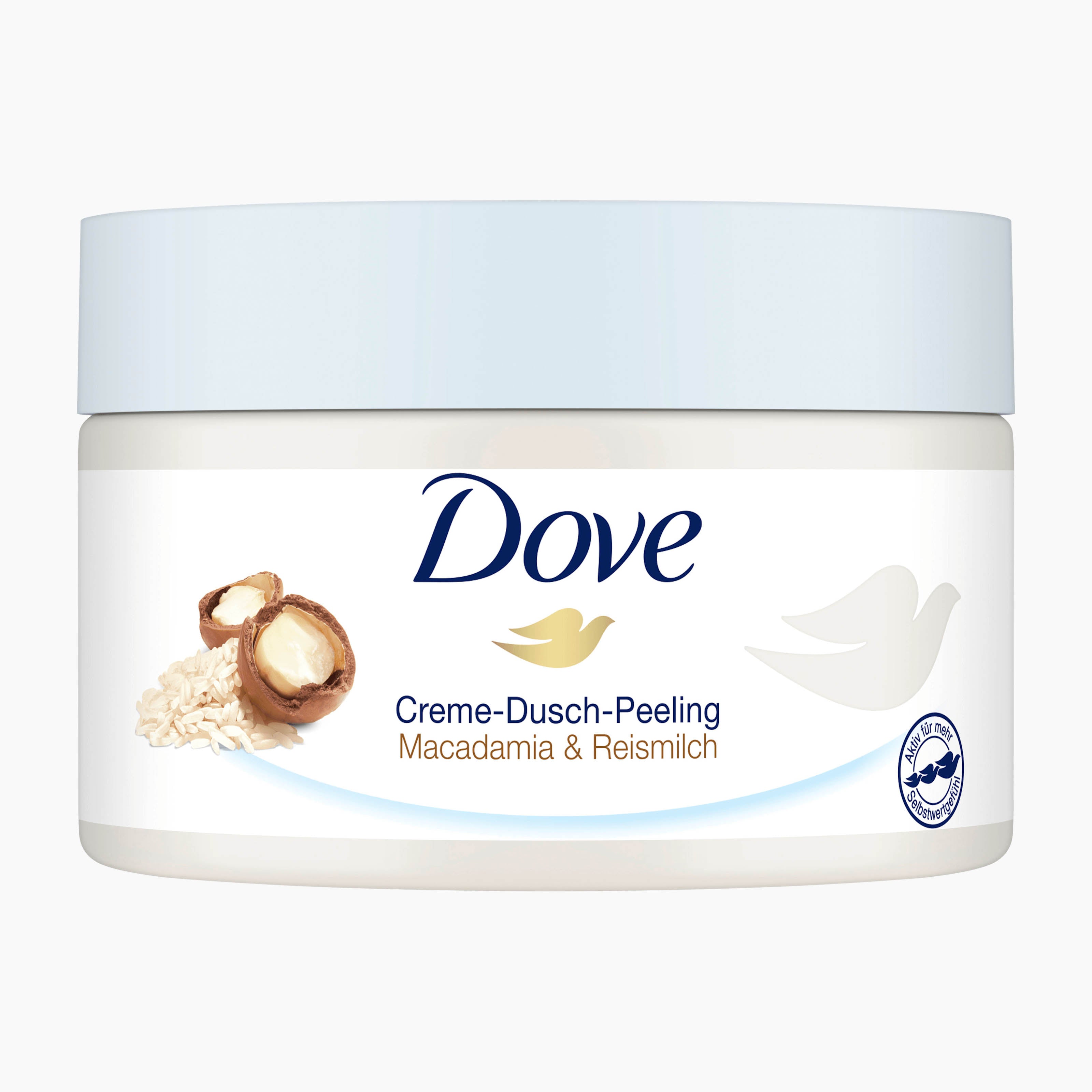 A white jar of Dove Macadamia & Rice Milk Body Scrub, featuring a light blue lid and blue and gold branding on a white background.