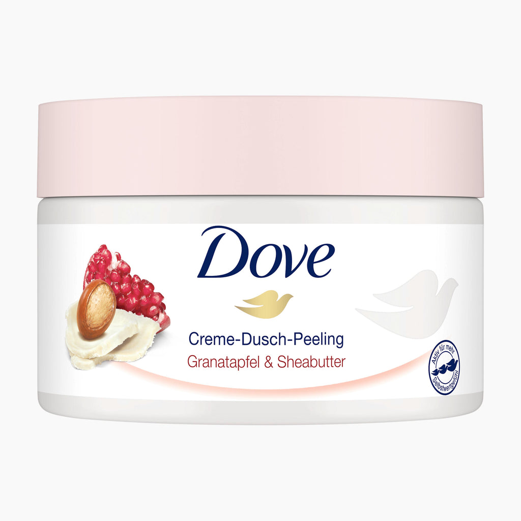 Dove Pomegranate & Shea Butter body scrub in a white jar with a light pink lid, on a light gray background.