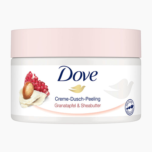 Dove Pomegranate & Shea Butter body scrub in a white jar with a light pink lid, on a light gray background.