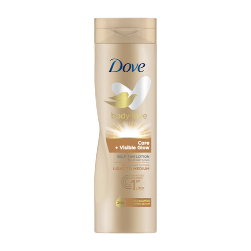 Dove Care + Visible Glow Self Tan Lotion Light to Medium bottle on a white background.