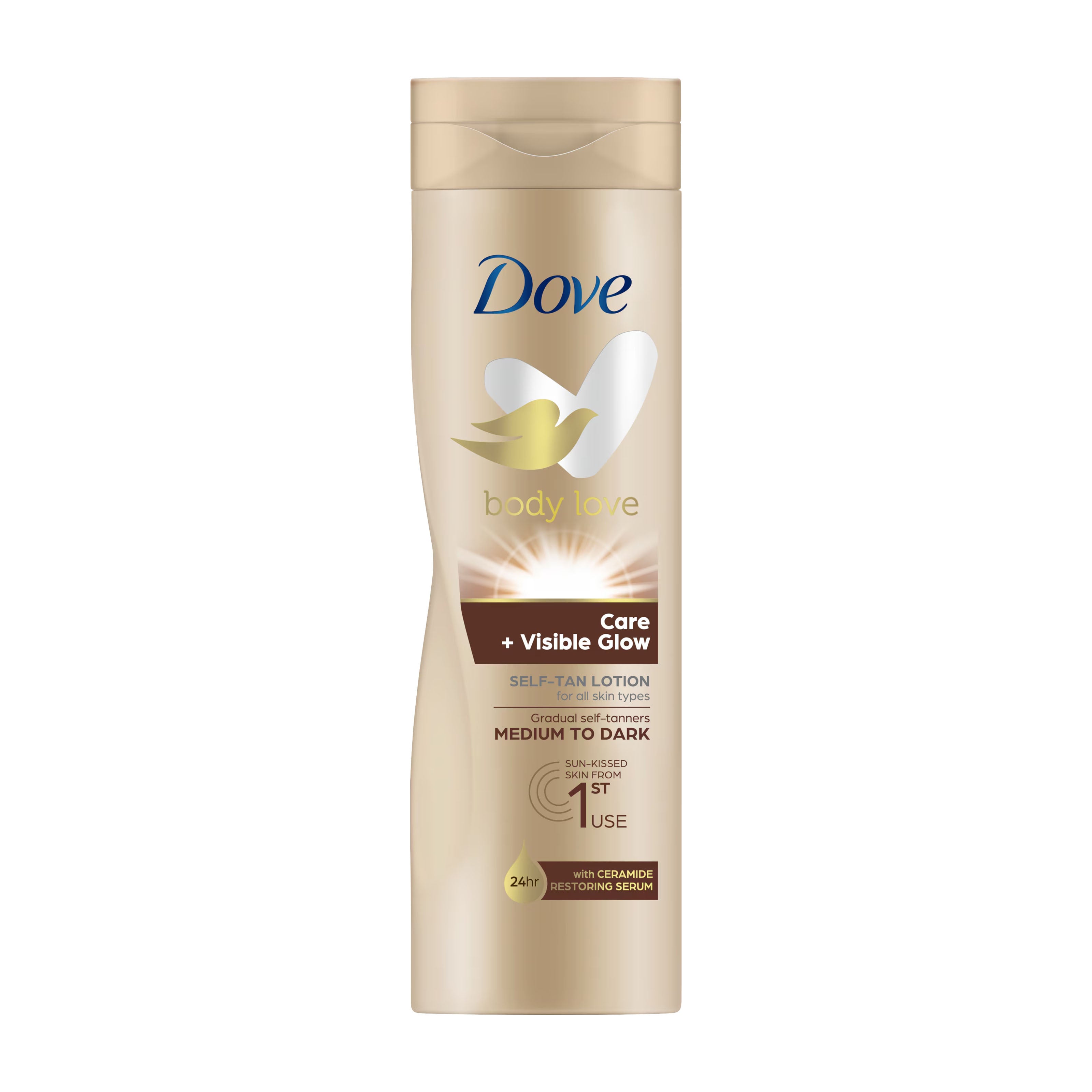 Dove Care + Visible Glow Self-Tan Lotion Medium to Dark bottle on a white background.