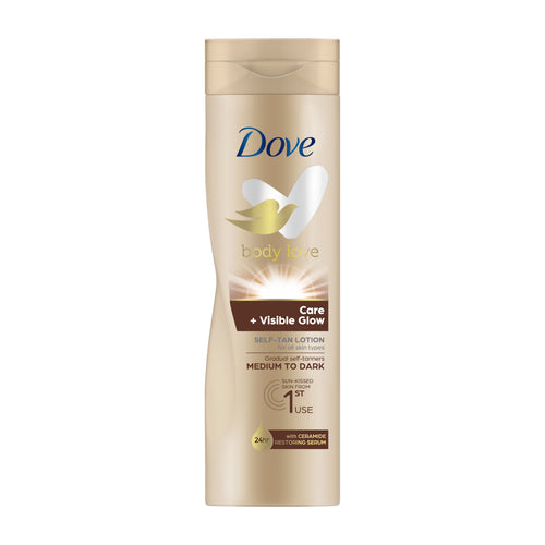 Dove Care + Visible Glow Self-Tan Lotion Medium to Dark bottle on a white background.