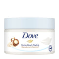 Dove creamy shower scrub jar with macadamia and rice milk ingredients on a white background