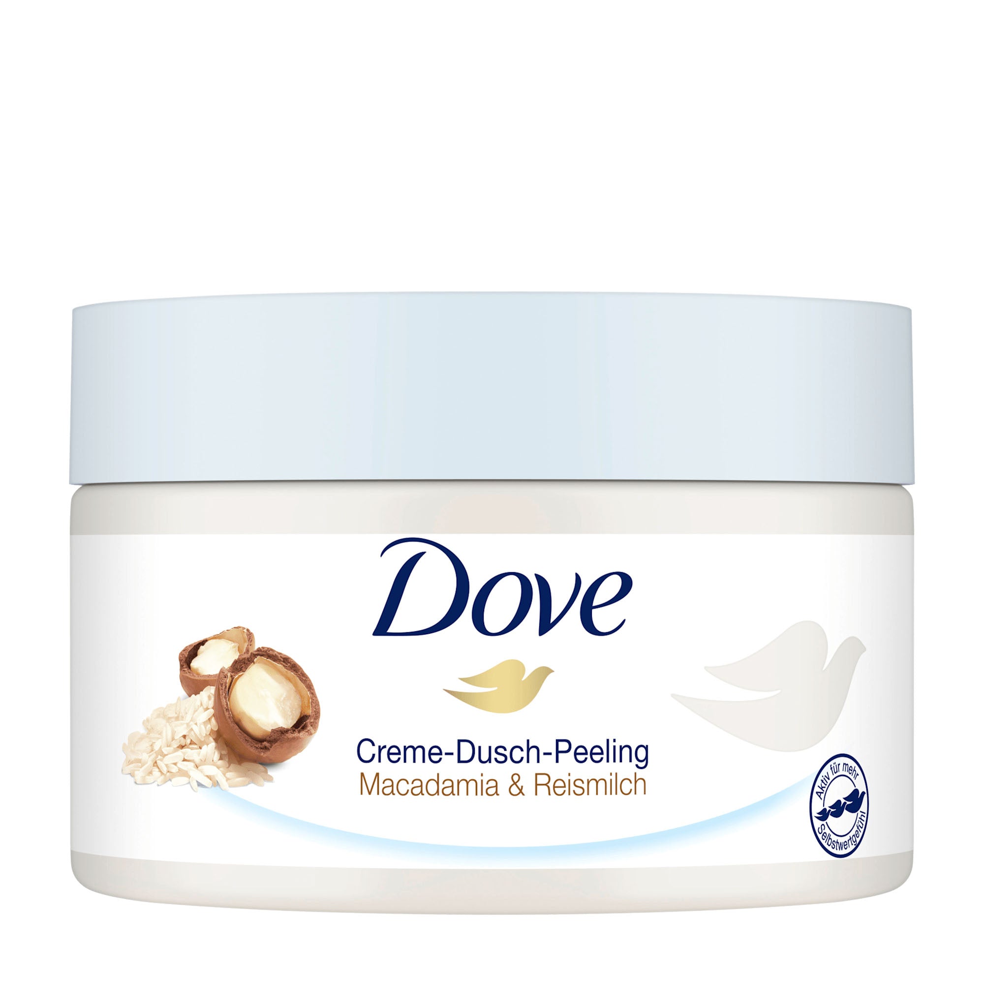 Dove creamy shower scrub jar with macadamia and rice milk ingredients on a white background