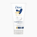 A white squeeze tube of Dove Essential Care Hand Cream for dry skin, featuring the blue and gold Dove logo and 'body love' text on a clean white background.