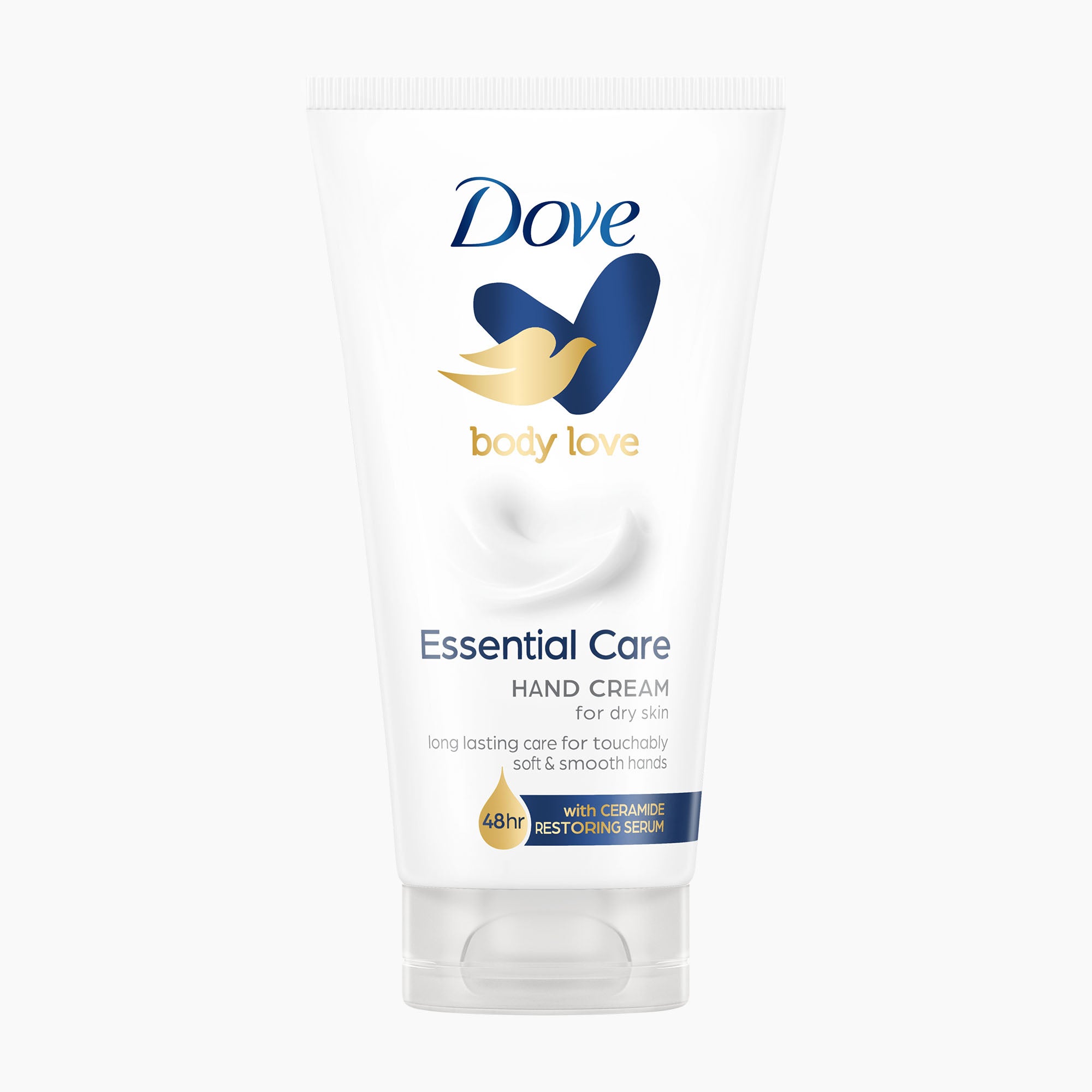 A white squeeze tube of Dove Essential Care Hand Cream for dry skin, featuring the blue and gold Dove logo and 'body love' text on a clean white background.
