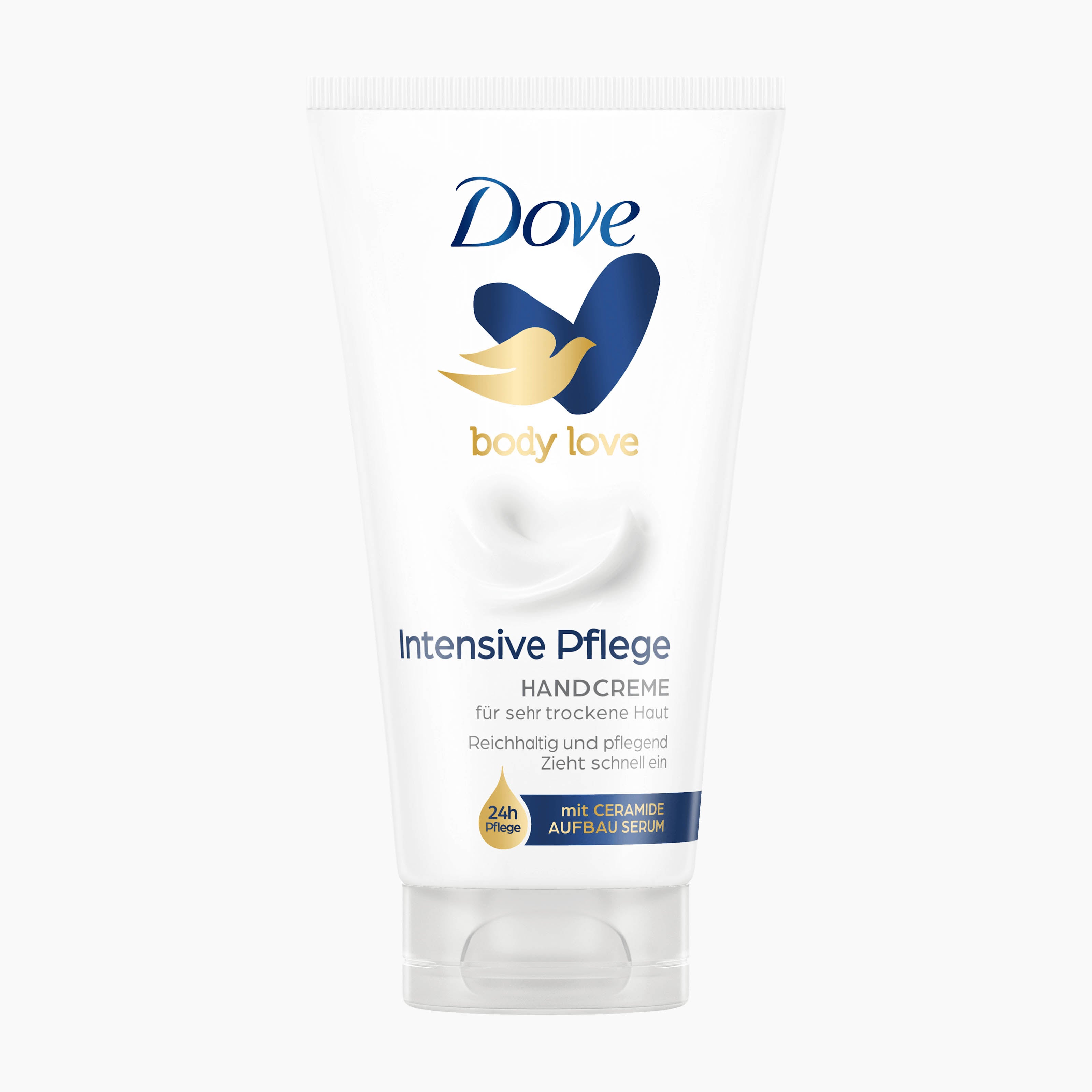 A white squeeze tube of Dove Intensive Care Hand Cream with blue and gold branding on a clean white background.