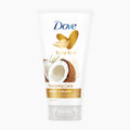 A white squeeze tube of Dove Body Love Hand Cream with coconut imagery on the label, set against a plain white background.