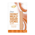 Dove Coconut Milk & Sugar Lychee scented shower bar packaging on a white background