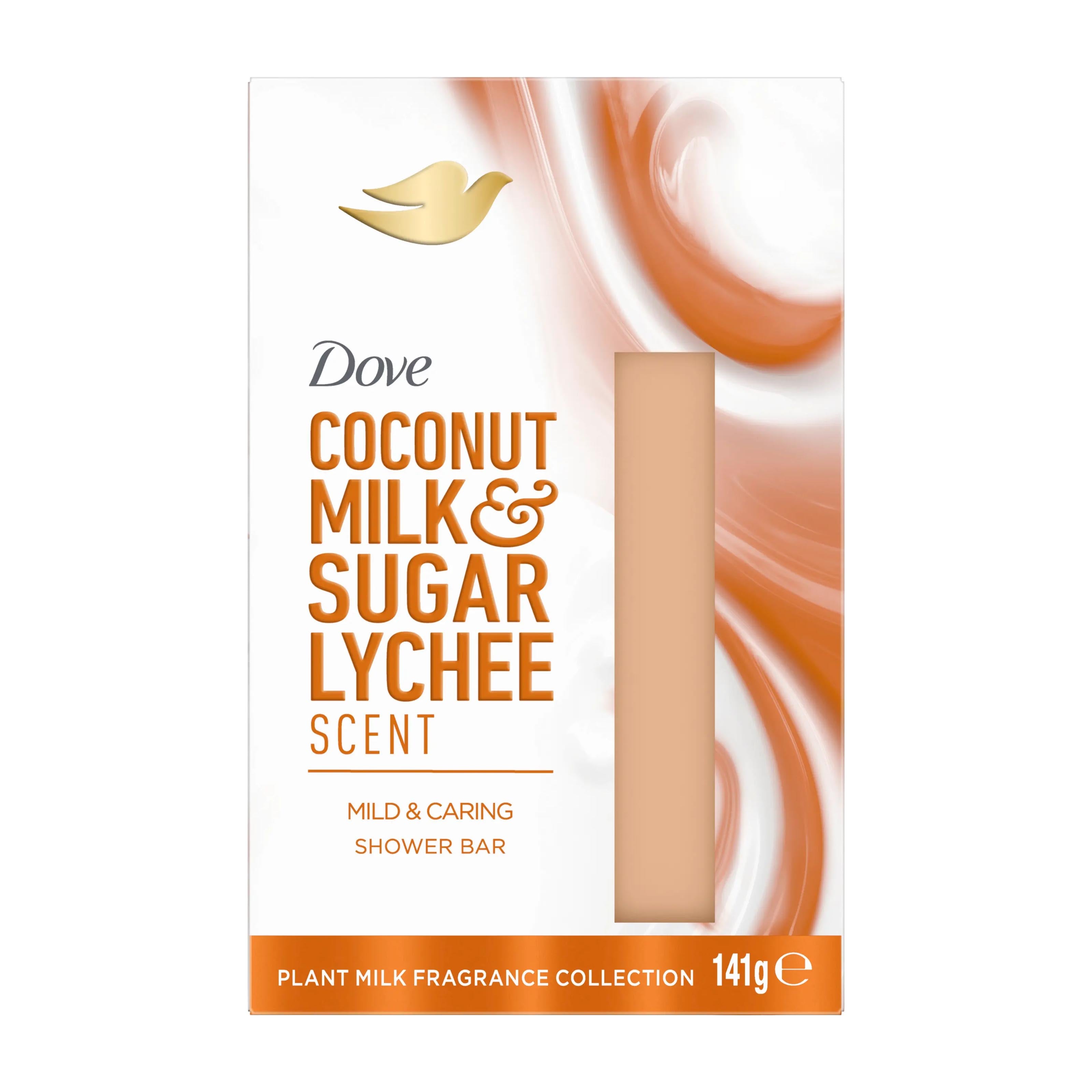 Dove Coconut Milk & Sugar Lychee scented shower bar packaging on a white background
