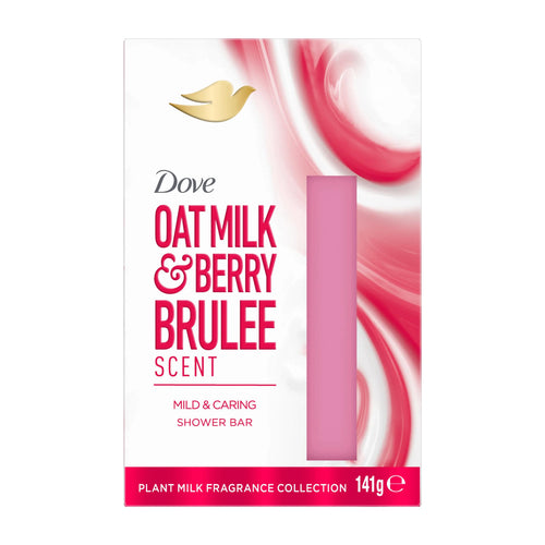 Dove Oat Milk & Berry Brulee shower bar packaging on a white background