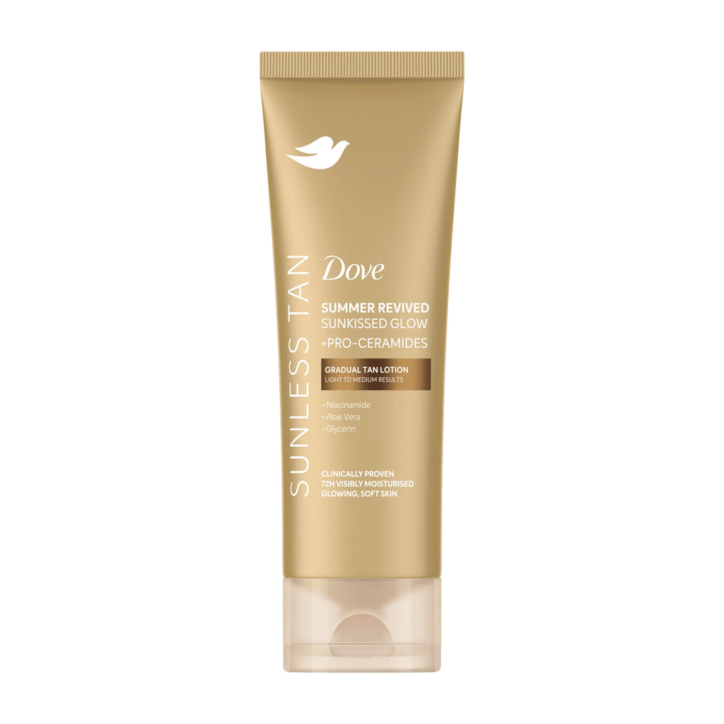 Dove Sunless Tan Summer Revived Sunkissed Glow + Pro-Ceramides Light/Medium shade Gradual Tan Lotion in a gold squeeze tube with a clear cap, shown on a plain white background.